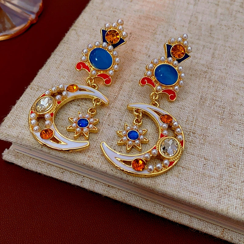 14K Gold-Plated Oil-Drop Diamond Moon Star Flower Pearl Earrings