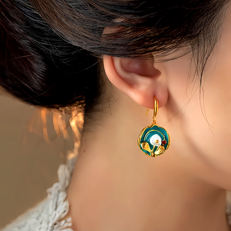 14K Gold-Plated Oil Painting Pearl Flower Ear Hook Earrings
