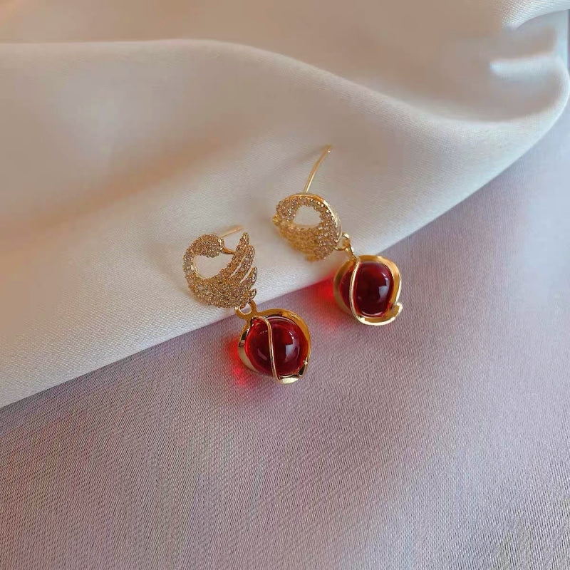 14K Gold-Plated Opal Swan Earrings