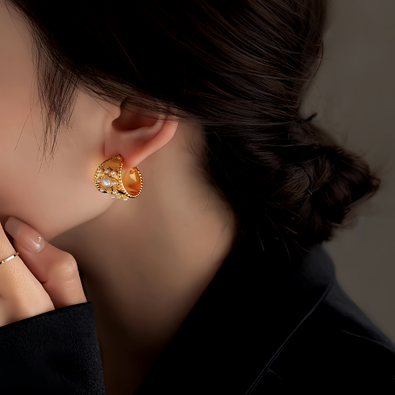 14K Gold-Plated Pearl C-Shaped Earrings