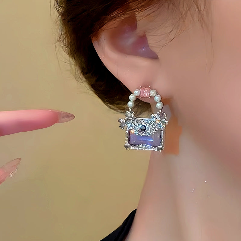 14K Gold-Plated Pearl Crystal Bag Earrings