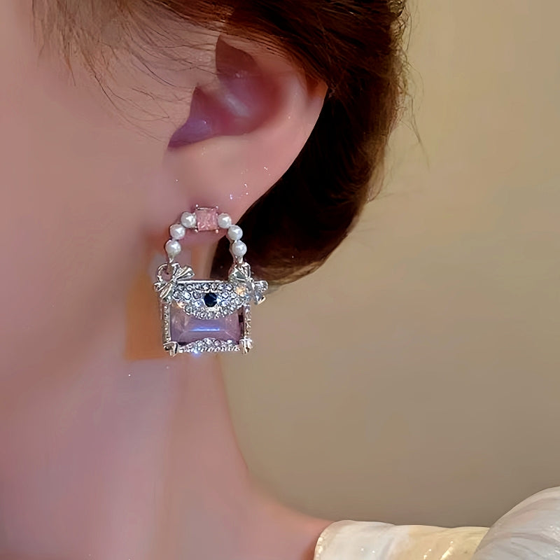 14K Gold-Plated Pearl Crystal Bag Earrings