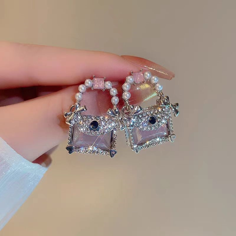 14K Gold-Plated Pearl Crystal Bag Earrings