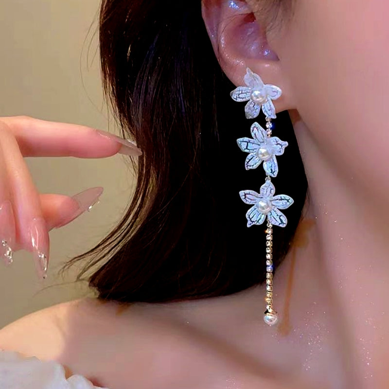 14K Gold-Plated Pearl Flower Tassel Earrings
