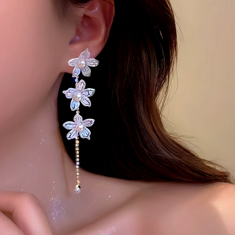 14K Gold-Plated Pearl Flower Tassel Earrings