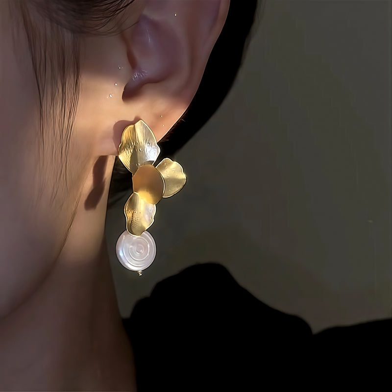 14K Gold-Plated Petal Flower Pearl Earrings