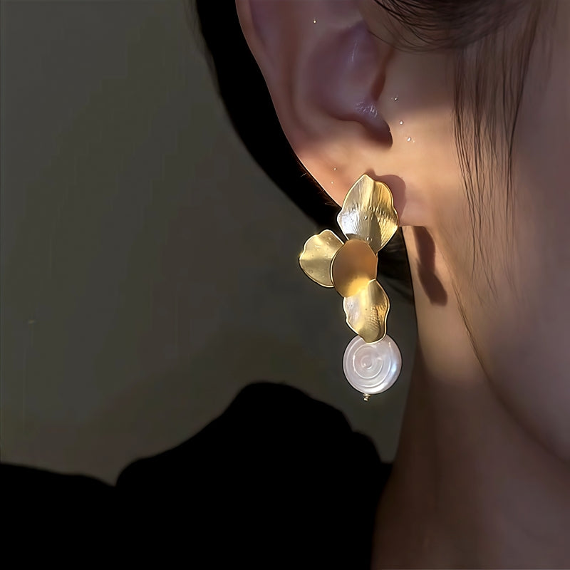 14K Gold-Plated Petal Flower Pearl Earrings