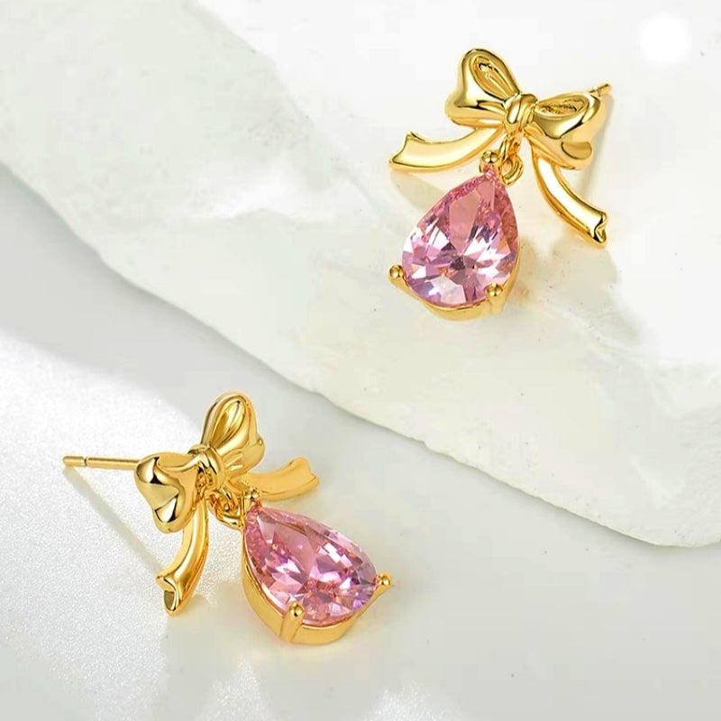 14K Gold-Plated Pink Bow Drop Zircon Earrings