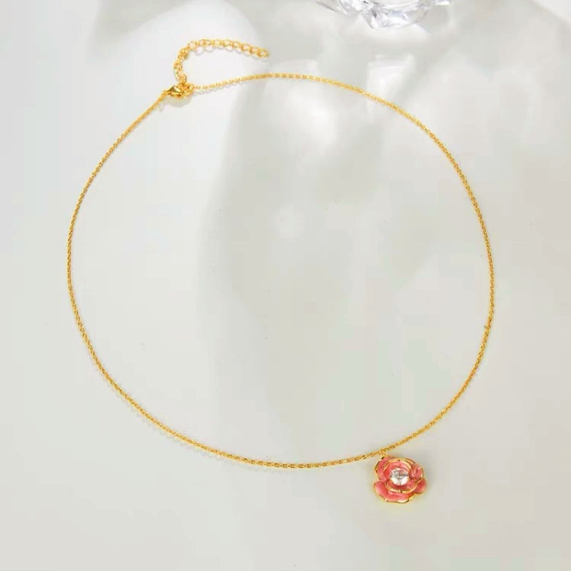 14K Gold-Plated Pink Camellia Pendant Necklaces