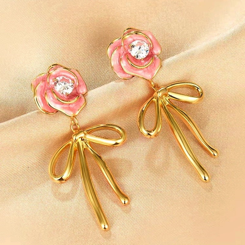 14K Gold-Plated Pink Enamel Drip Glaze Camellia Bow Diamond Earrings