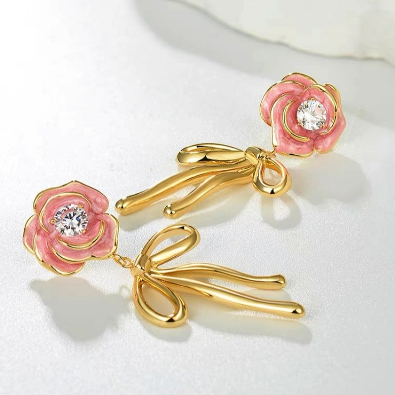 14K Gold-Plated Pink Enamel Drip Glaze Camellia Bow Diamond Earrings
