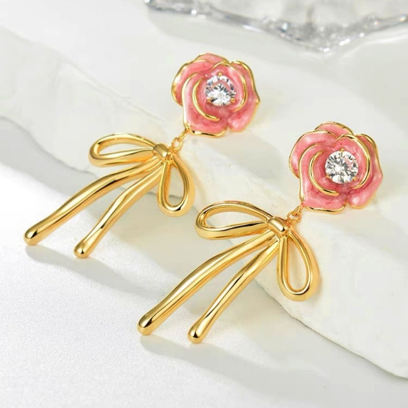 14K Gold-Plated Pink Enamel Drip Glaze Camellia Bow Diamond Earrings