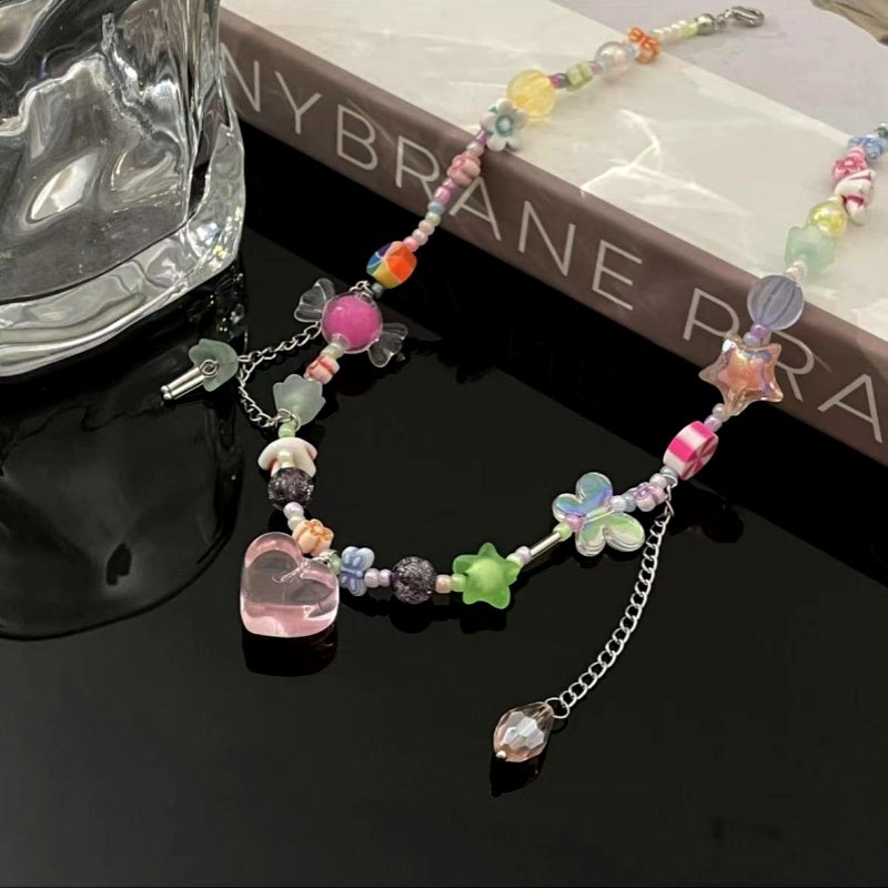 14K Gold-Plated Pink Heart Colorful Beaded Necklaces