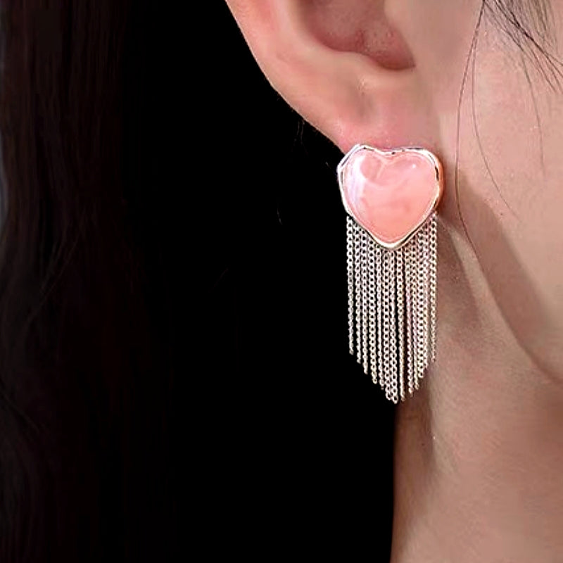 14K Gold-Plated Pink Heart Tassel Earrings