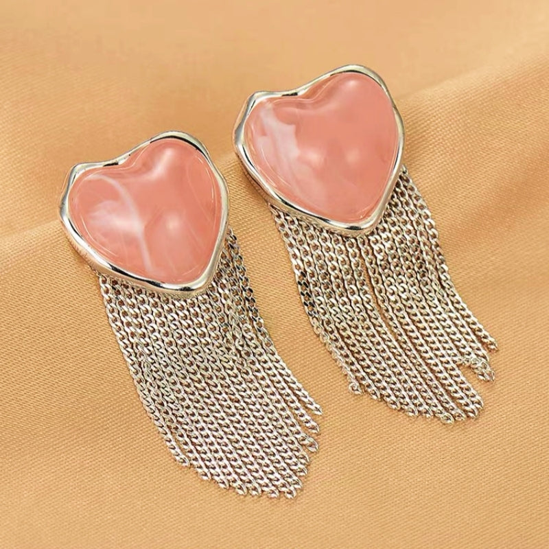 14K Gold-Plated Pink Heart Tassel Earrings