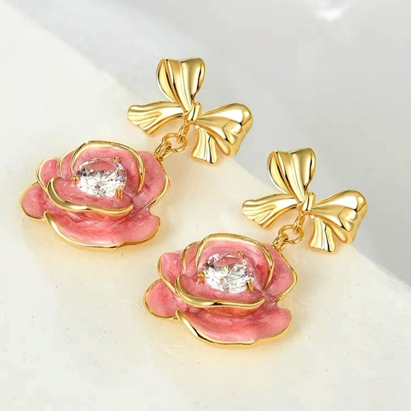 14K Gold-Plated Pink Pand-Painted Camellia Bow Earrings