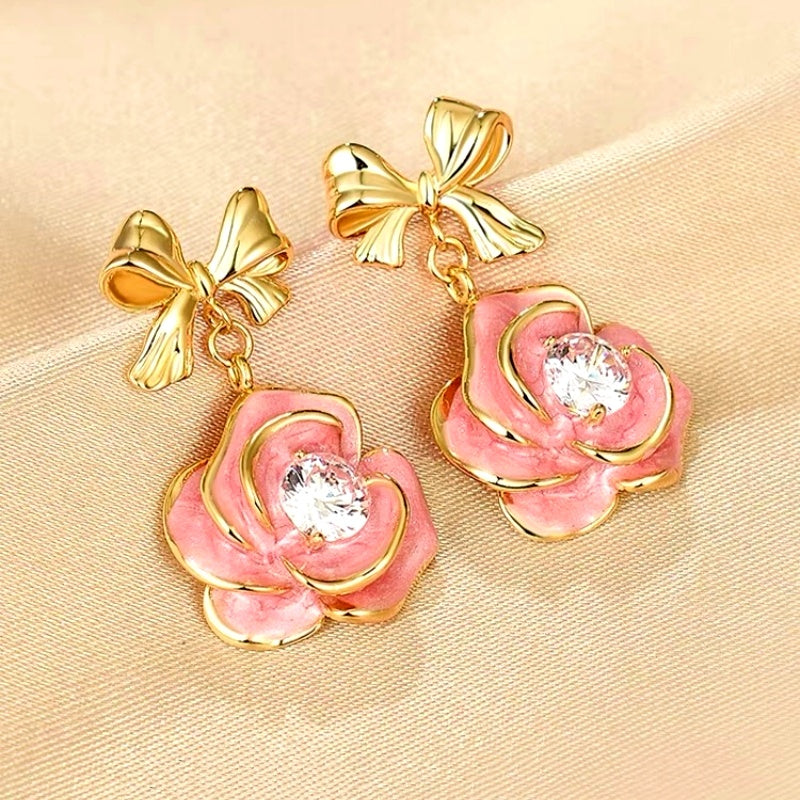14K Gold-Plated Pink Pand-Painted Camellia Bow Earrings