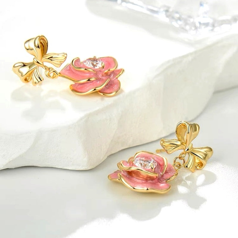14K Gold-Plated Pink Pand-Painted Camellia Bow Earrings