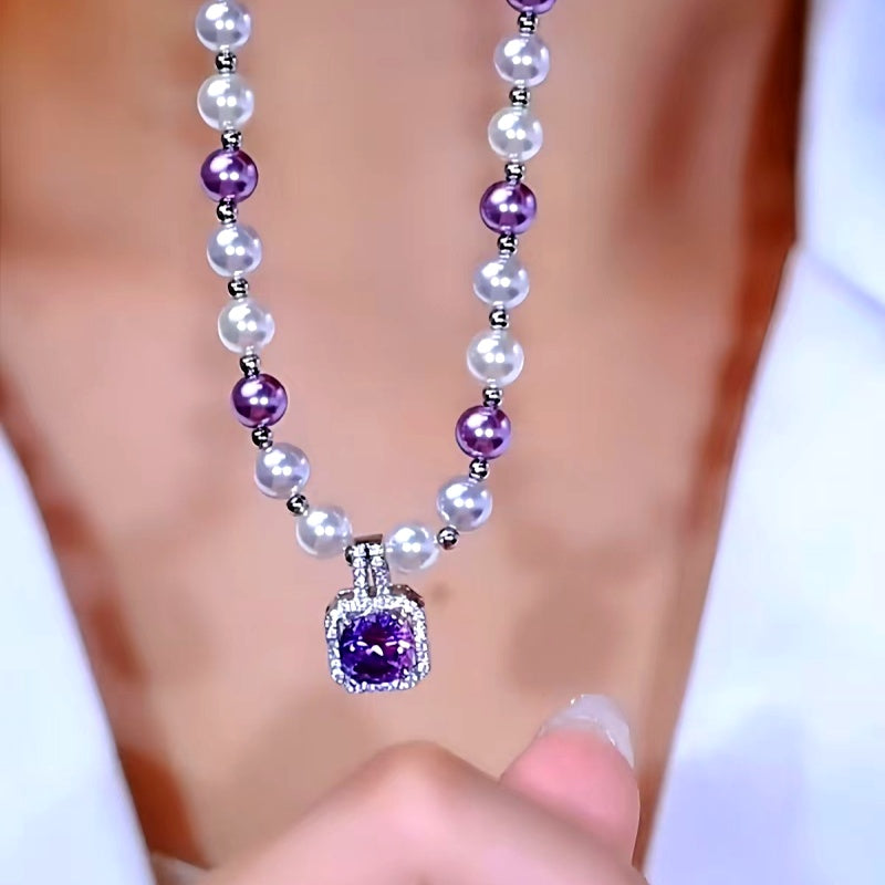 14K Gold-Plated Purple Full Diamond Sugar Cube Pearl Necklace
