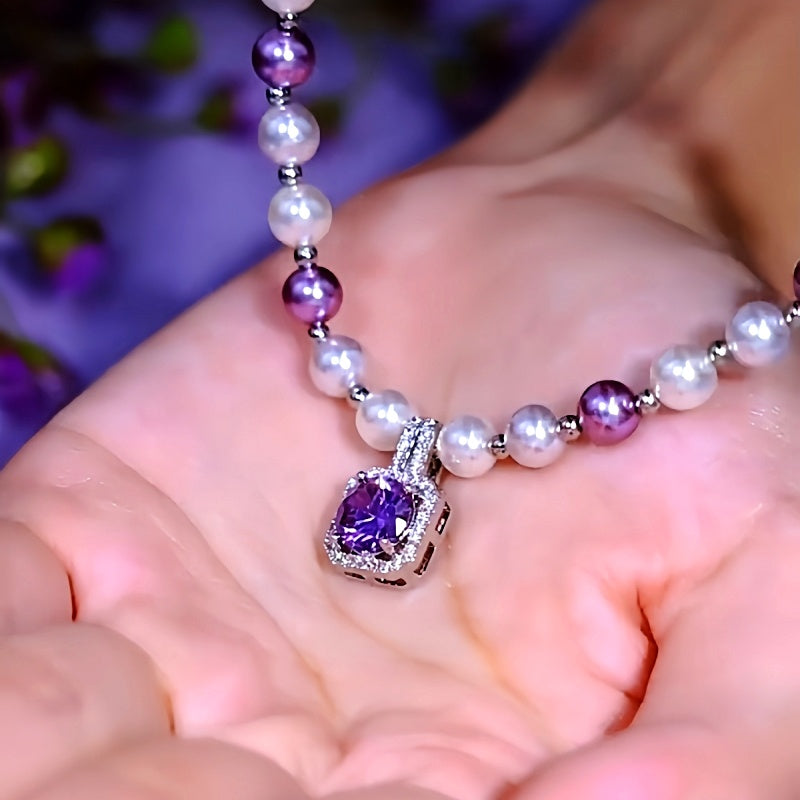 14K Gold-Plated Purple Full Diamond Sugar Cube Pearl Necklace