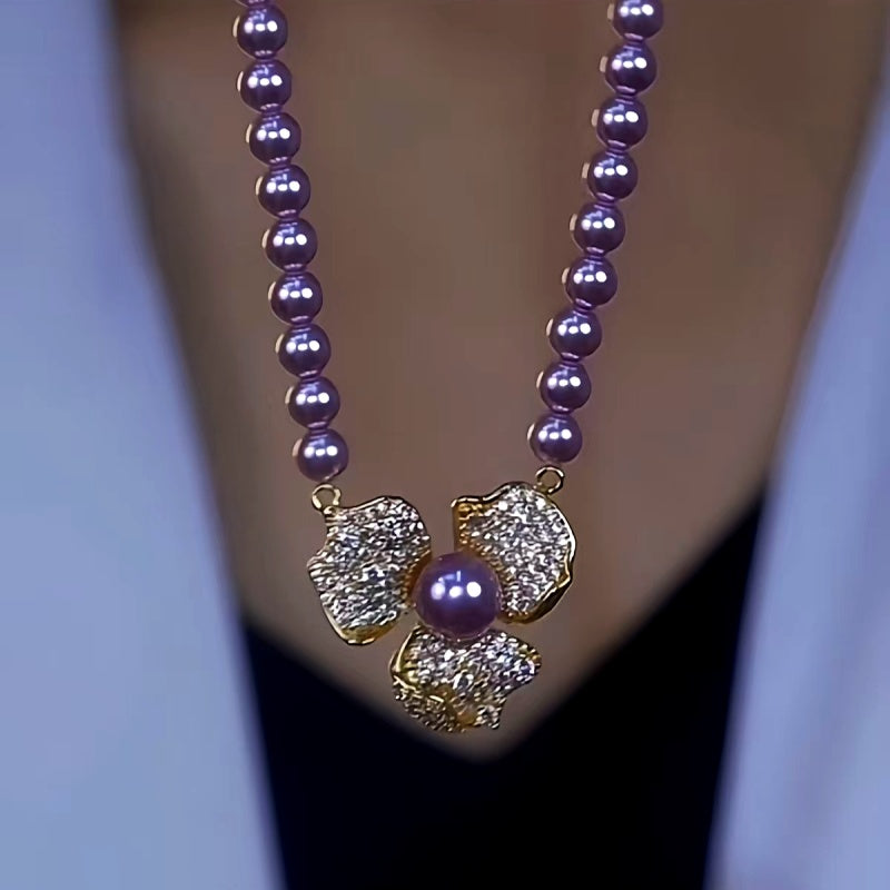 14K Gold-Plated Purple Pearl Flower Necklace