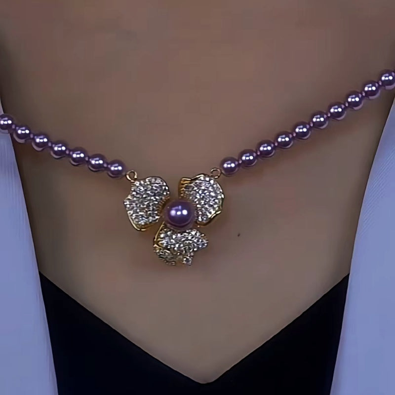 14K Gold-Plated Purple Pearl Flower Necklace