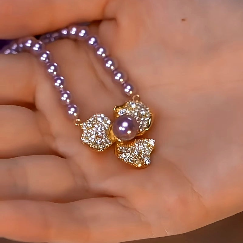 14K Gold-Plated Purple Pearl Flower Necklace