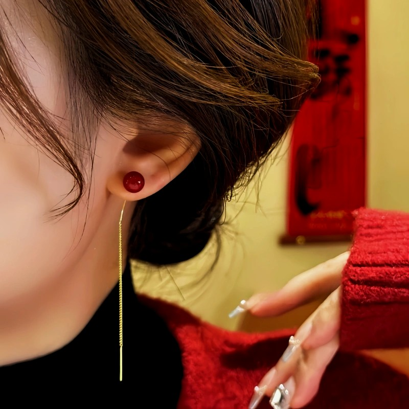 14K Gold-Plated Red Bead Threader Earrings