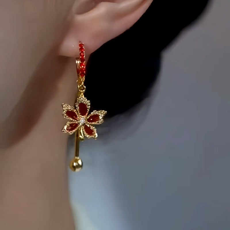 14K Gold-Plated Red Maple Leaf Tassel Earrings
