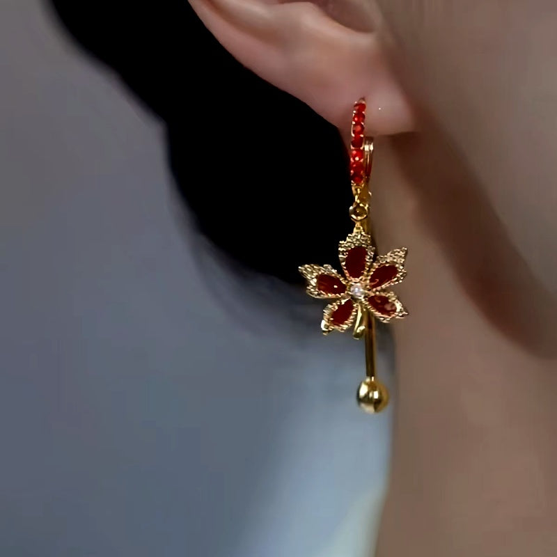 14K Gold-Plated Red Maple Leaf Tassel Earrings