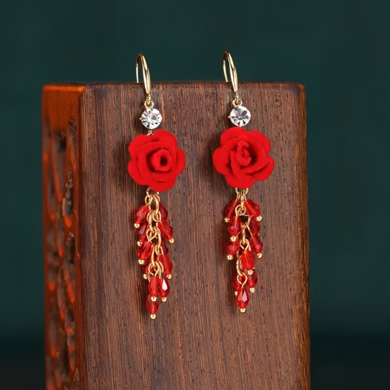14K Gold-Plated Red Rose Tassel Ear Hooks