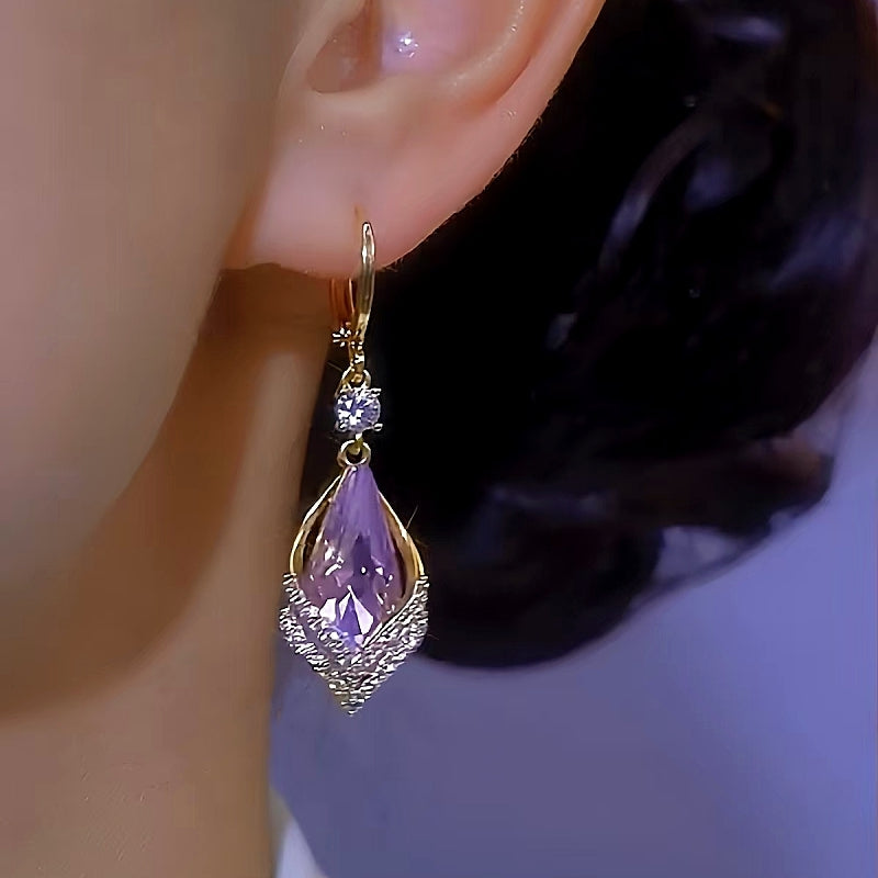 14K Gold-Plated Rhombus Purple Crystal Earrings
