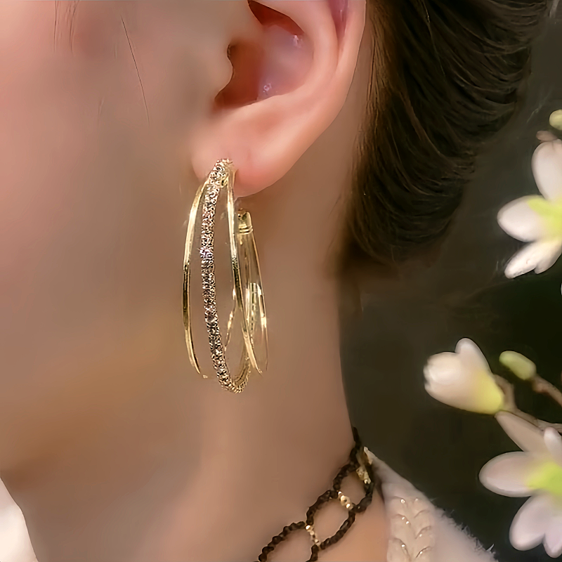14K Gold-Plated Three-Layer Diamond Hoop Earrings