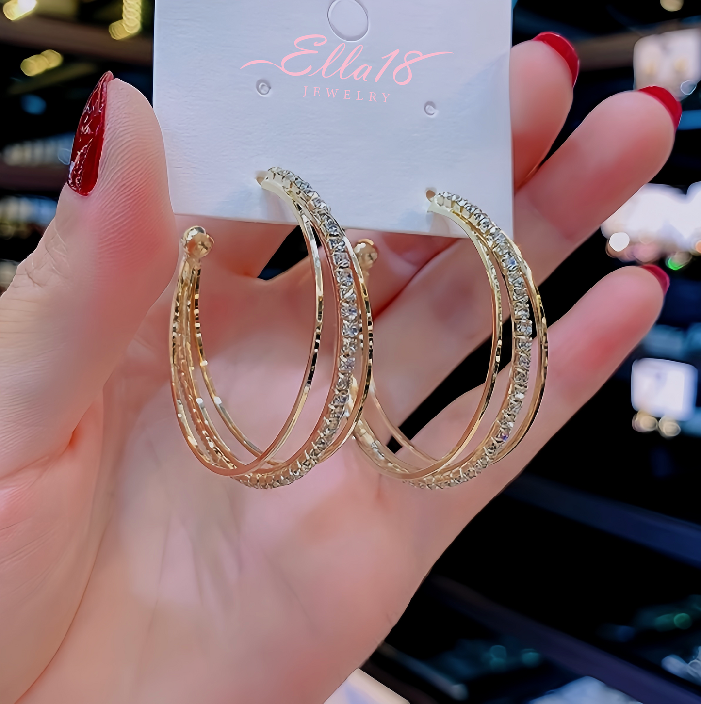 14K Gold-Plated Three-Layer Diamond Hoop Earrings