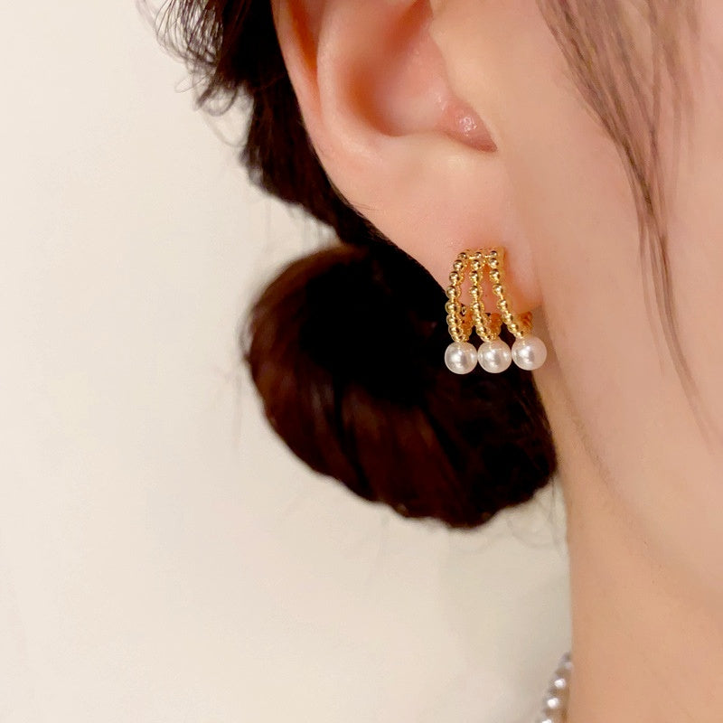 14K Gold-Plated Three-Row Hollow Pearl Earrings
