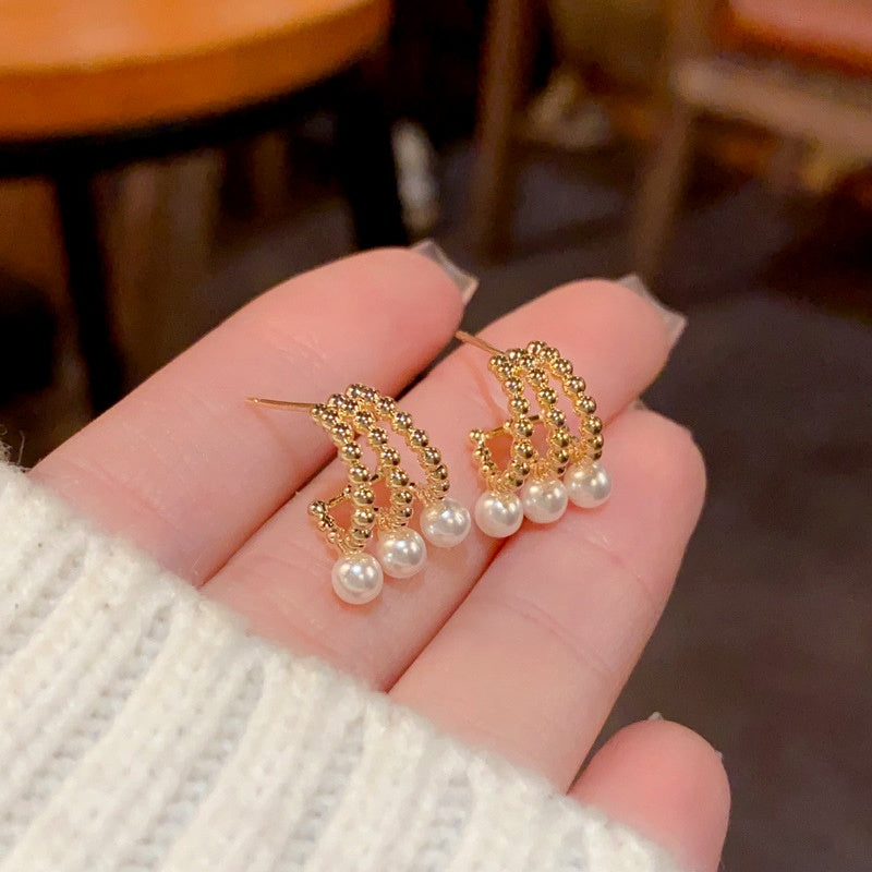14K Gold-Plated Three-Row Hollow Pearl Earrings