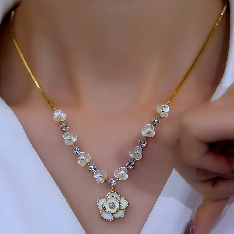 14K Gold-Plated White Camellia Flower Necklace