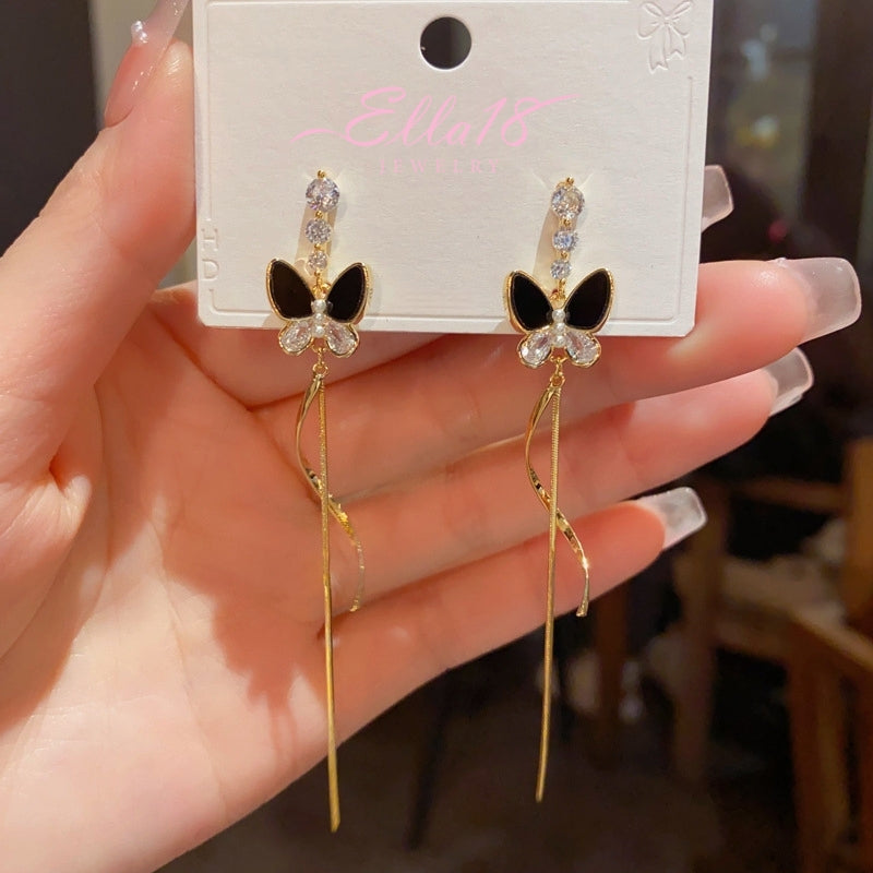 14K Gold-Plated ZIrcon Butterfly Tassel Earrings