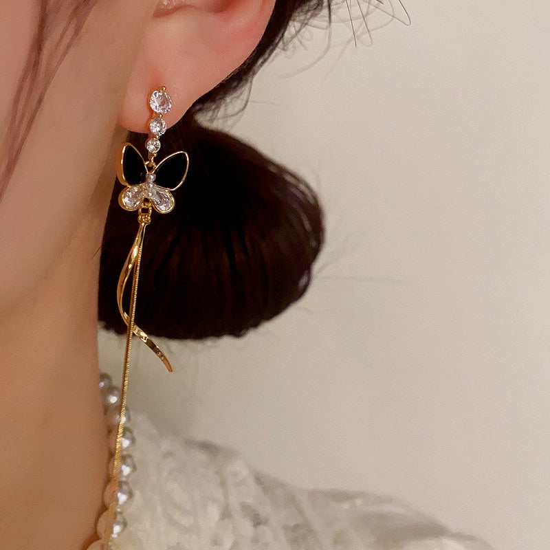 14K Gold-Plated ZIrcon Butterfly Tassel Earrings