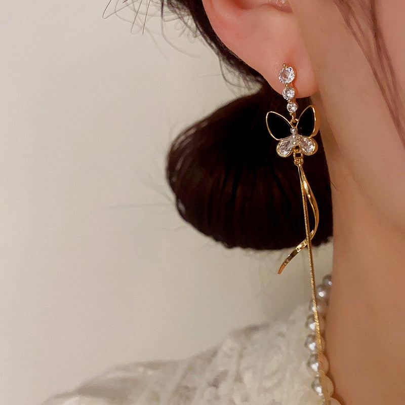 14K Gold-Plated ZIrcon Butterfly Tassel Earrings