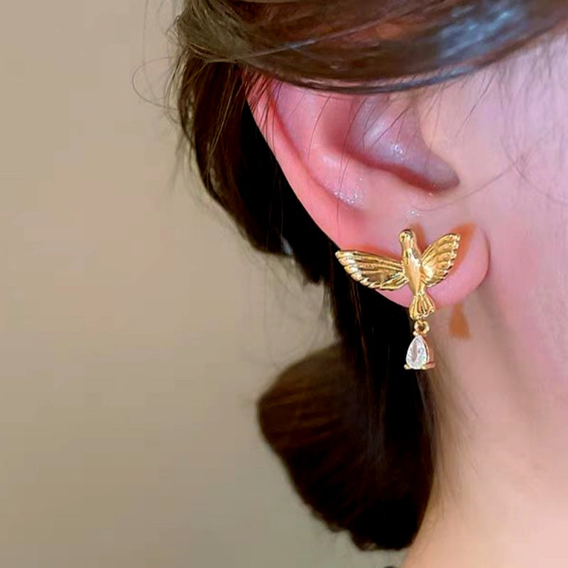 14K Gold-Plated Zircon Bird Earrings