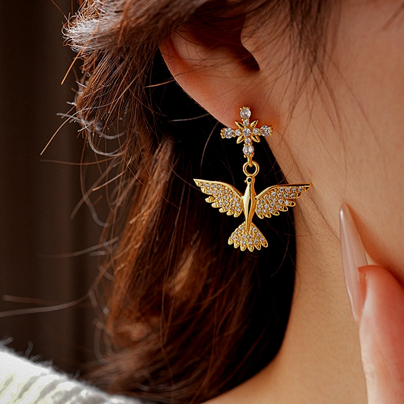 14K Gold-Plated Zircon Bird Earrings