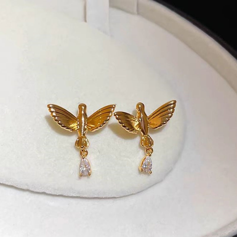 14K Gold-Plated Zircon Bird Earrings