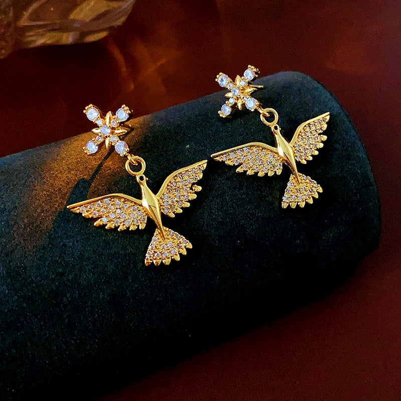 14K Gold-Plated Zircon Bird Earrings