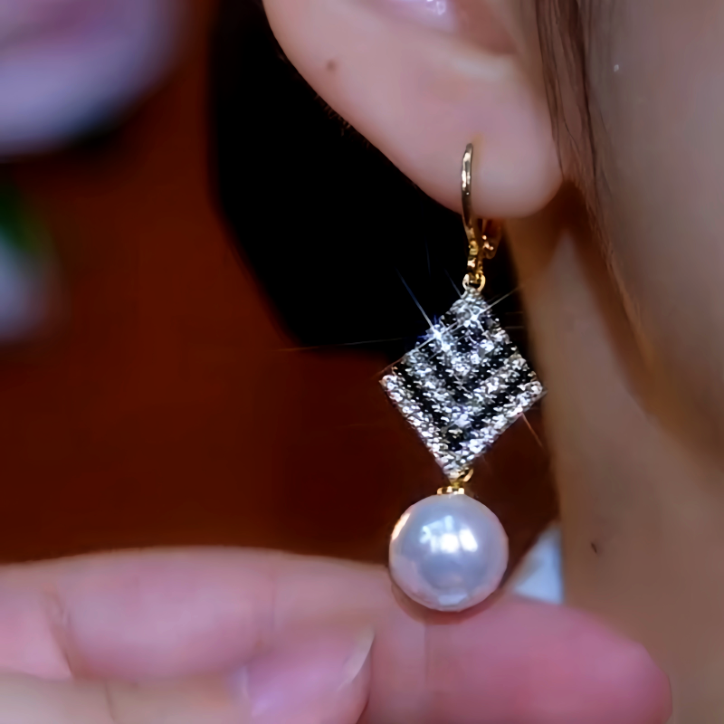 14K Gold-Plated Zircon Black And White Diamond Pearl Earrings