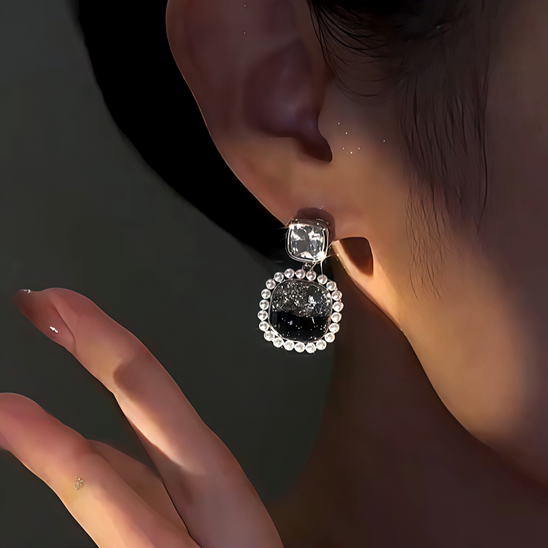 14K Gold-Plated Zircon Black Crystal Earrings