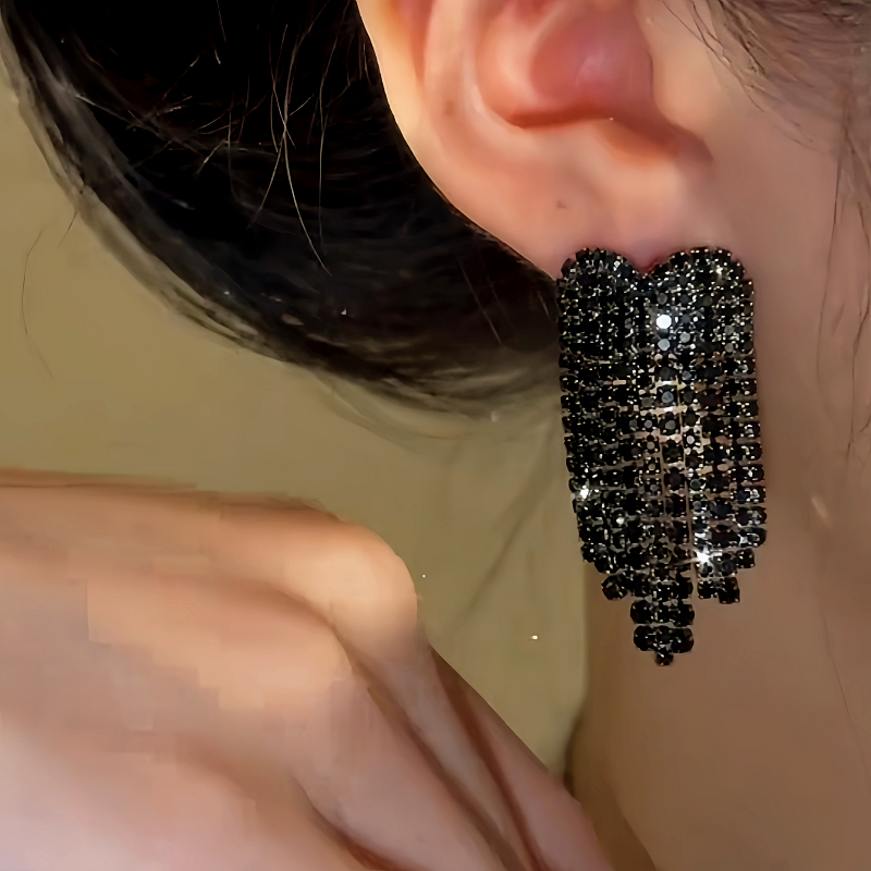 14K Gold-Plated Zircon Black Diamond Heart Tassel Earrings