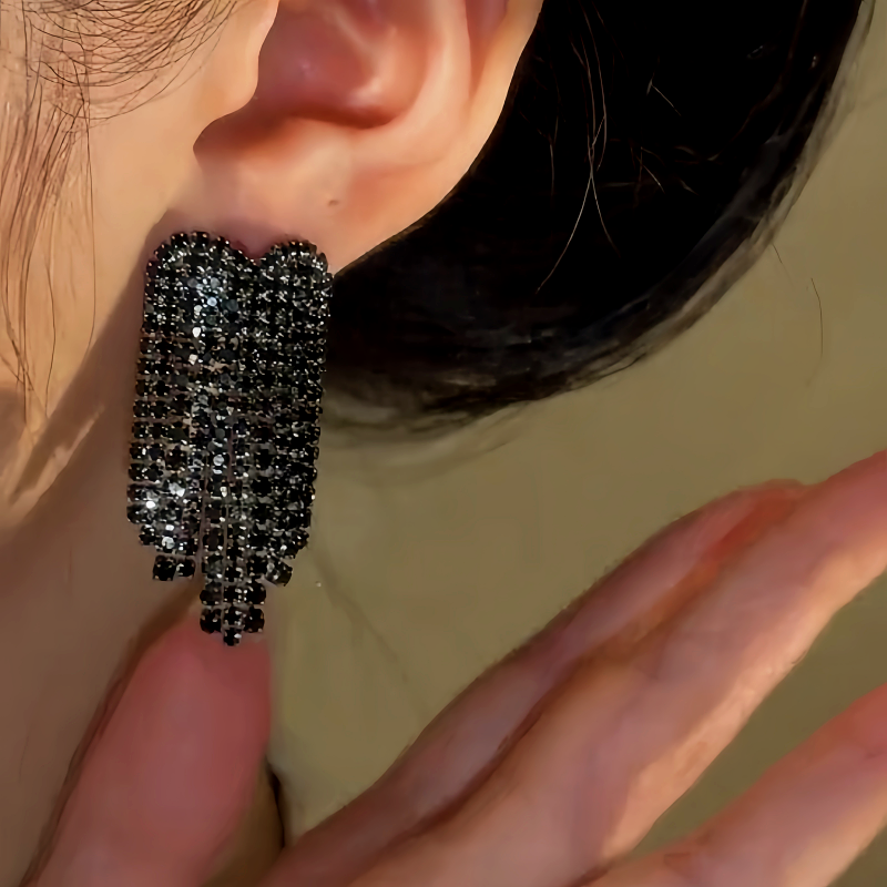 14K Gold-Plated Zircon Black Diamond Heart Tassel Earrings