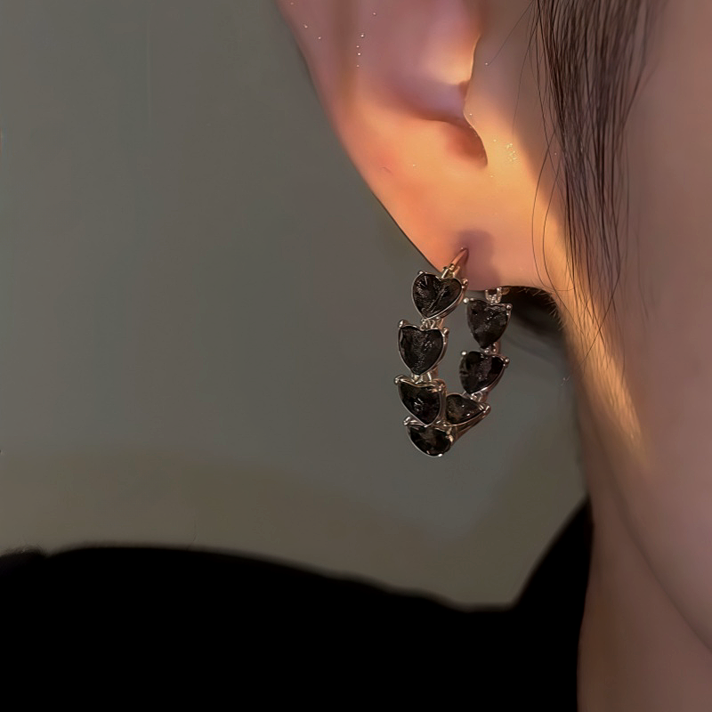 14K Gold-Plated Zircon Black Heart Hoop Earrings
