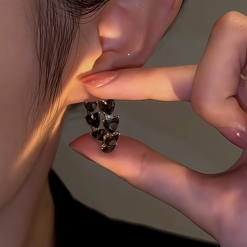 14K Gold-Plated Zircon Black Heart Hoop Earrings